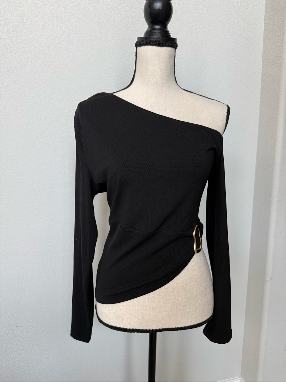 Edit by Nine Black Off Shoulder Long Sleeve Top with Gold Side Buckle